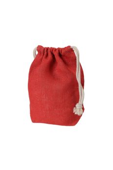 Red decorative rag bag with ropes for tying. Isolated on white.