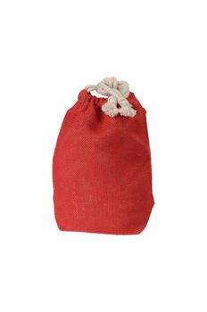 Red decorative rag bag with ropes for tying. Isolated on white.