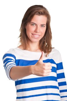 Attractive young woman giving the thumbs-up, isolated on a white background