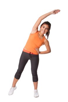 Beautiful happy smiling young woman doing fitness exercise stretching for good health, isolated.