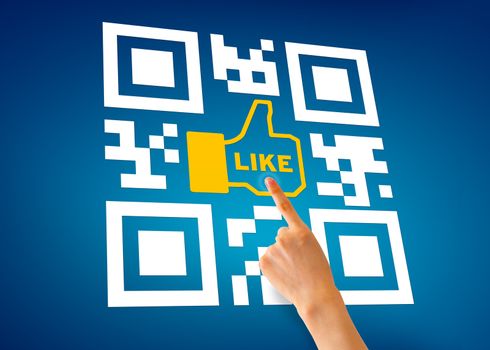 Hand pointing at a I Like QR Code illustration on blue background.