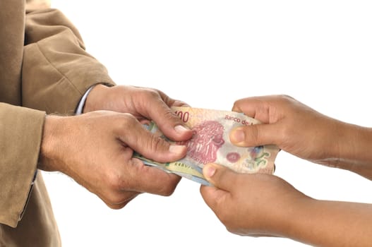 Man and woman tugging money from each other on white background