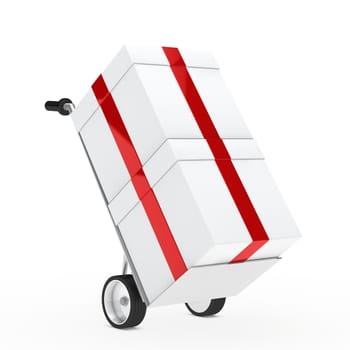 christmas gift box red ribbon hand truck