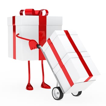 red christmas gift box hold hand truck