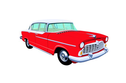 A drawing of a red and white 1950s 4 door sedan isolated on a white background.
