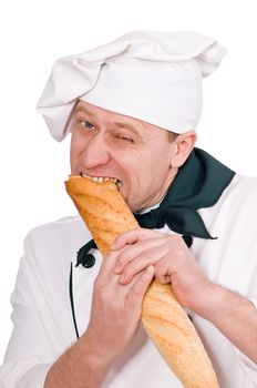 funny chef eating loaf isolated on white background