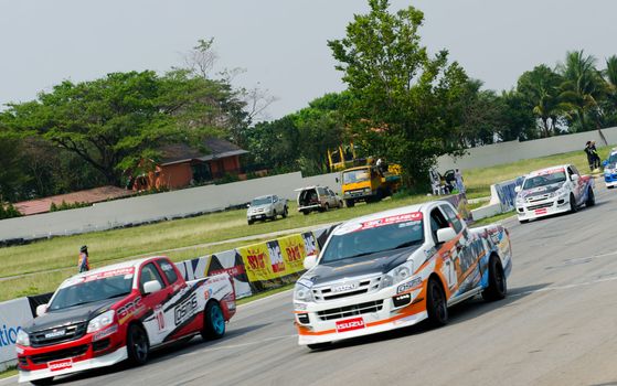 Nakhon Ratchasima, Thailand - March 9th:Unidentified car racing competitors during the "Thailand circuit 2013  " at Bonanza speedway on March 9th, 2013 in Nakhon Ratchasima, Thailand. 