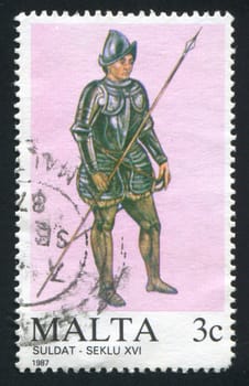 MALTA - CIRCA 1987: stamp printed by Malta, shows Soldier of the 16th century, circa 1987