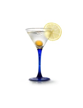 Stylish martini glass with lemon and olive on white background. Isolated with clipping path