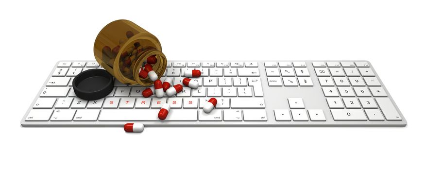 Concept of stress from work. Stress relief pills in opened pill bottle on computer keyboard with word "stress" on keyboard keys