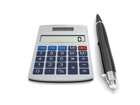 3D models of calculator and pen on white background