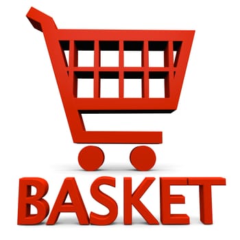 Basket sign with red shopping trolley symbol isolated on white background