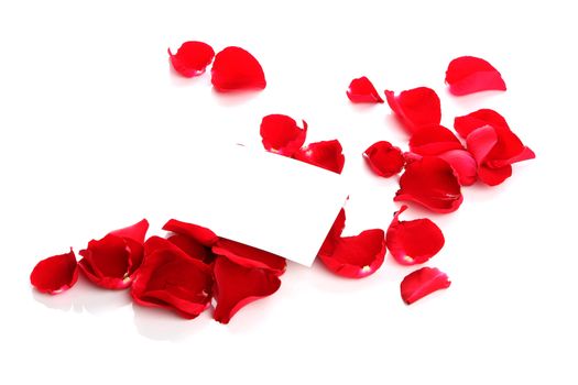 Petals of a rose and blank paper on a white background.