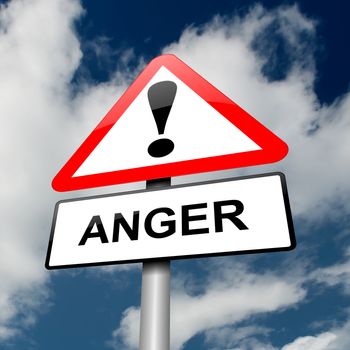 Illustration depicting a red and white triangular warning sign with an 'anger' concept. Sky background.