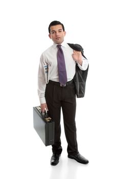 Businessman carrying a briefcase with newspaper under arm.