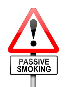 Illustration depicting a red and white triangular warning sign with a 'passive smoking' concept. White background.