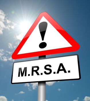 Illustration depicting a red and white triangular warning sign with a 'm.r.s.a.' concept. Sky background.