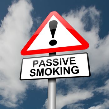 Illustration depicting a red and white triangular warning sign with a 'passive smoking' concept. Clouds and sky background.