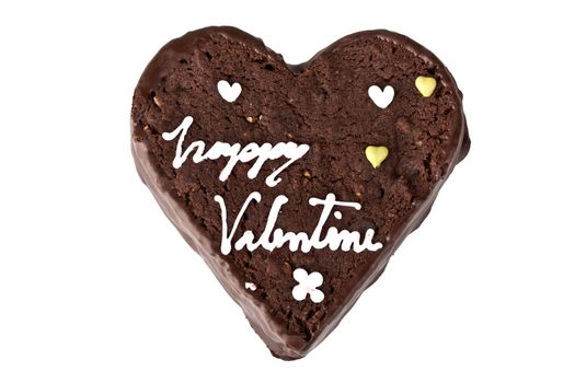 Heart shaped slice of a brownie on white background