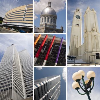 Collage of seven different buildings in Montreal city Quebec Canada