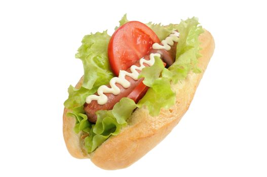 Tasty and delicious hotdog. Isolated on white.