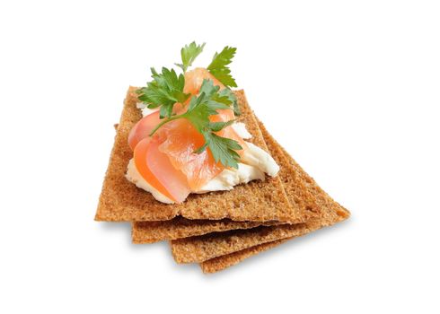 Snack. Bread with feta cheese and salmon. Isolated on white.