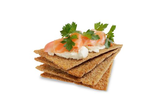 Snack. Bread with feta cheese and salmon. Isolated on white.