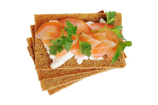 Snack. Bread with feta cheese and salmon. Isolated on white.