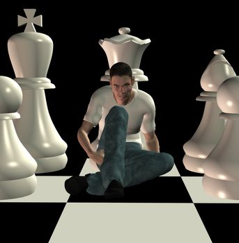 Man sitting on chessboard among team of white chess pawns. 3d illustration.