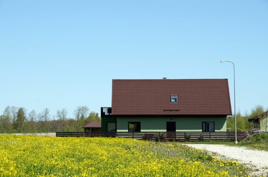 The house and field on a background of the blue sky