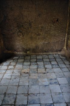 Dirty tiled floor and brick wall with vine roots in empty room. Abandoned interior.