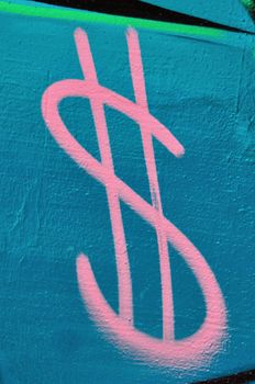 Dollar symbol colorful graffiti urban wall background.