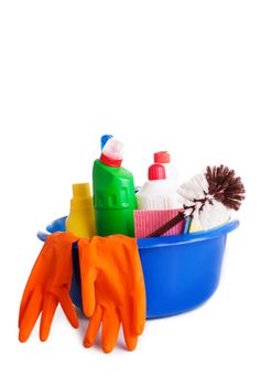 Set of cleaning products and tools on white