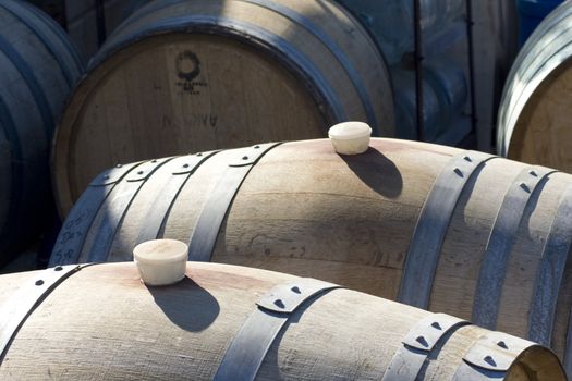 Used wine barrels at a winery.
