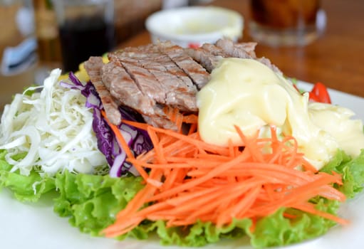 mixed fruit and vegetable ,  salad with roasted beef  .