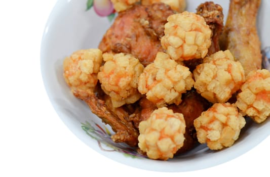  fried  prawn balls and  deep fried  chicken on white background