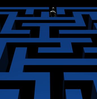 Man exiting complex maze labyrinth. 3d illustration.