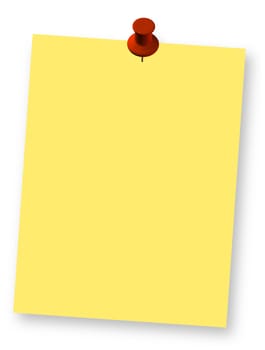 Blank yellow note paper and red pushpin design element. 3d illustration.