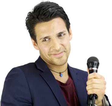 Happy singer smiling with microphone in hand