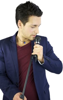 Singer posing singing into microphone convinced