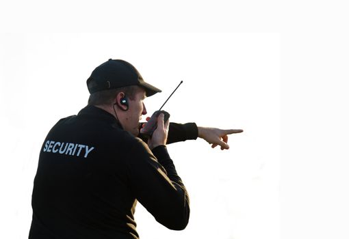 back of a security guard isolated on white