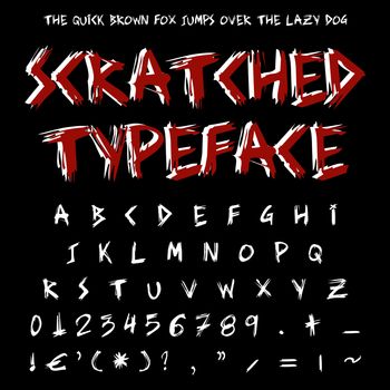 Scratched on tree style typeface handwritten grunge font. Design element.