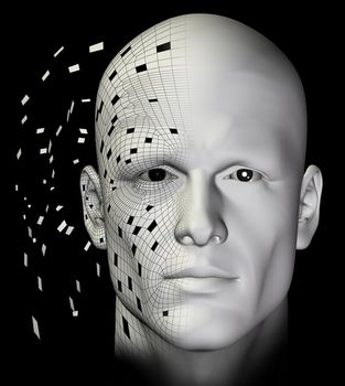 Teletransported man connecting the virtual pieces. Futuristic 3d illustration.