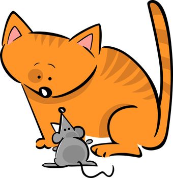 cartoon doodle illustration of kitten and mouse