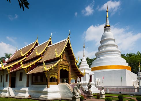 Cathedral and pagoda at Phra Singh Temple, Chiang Mai, Northern Thailand