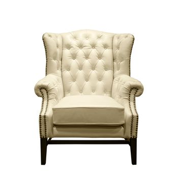 Front of Classic Chesterfield luxury White Leather armchair on White