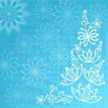 Abstract floral blue background with white flowers contours