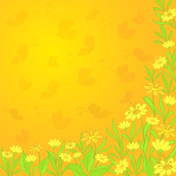 Abstract green and yellow vbackground with flowers and butterflies