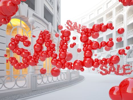 A 3d illustration of retail street with Sale word consist of bubbles.