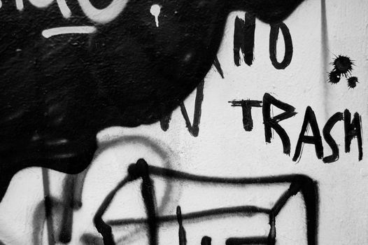 No trash graffiti street art detail abstract background. Black and white.